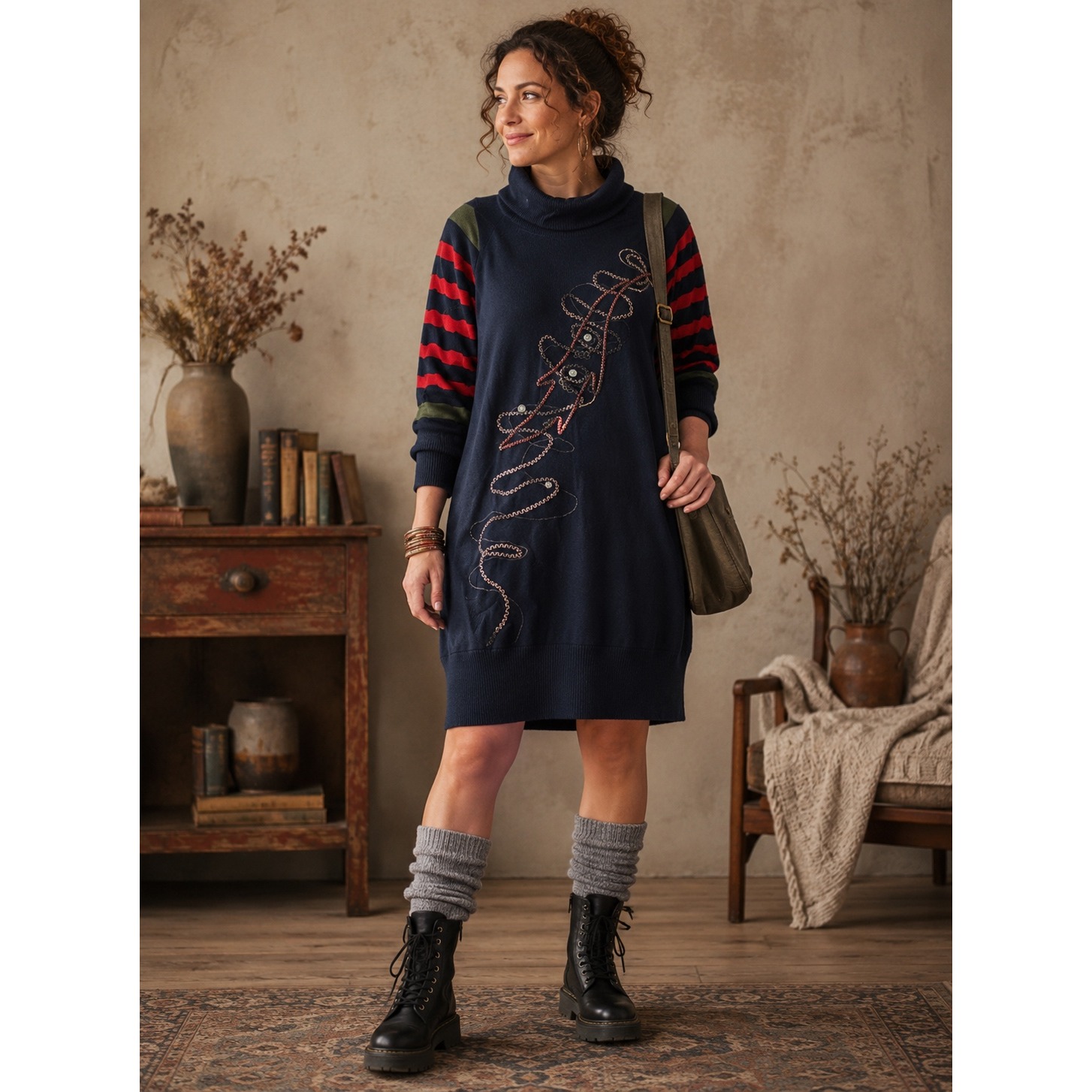 A.P. Collection Sweater Dress Womens L Navy Striped Embroidered Vintage Boho